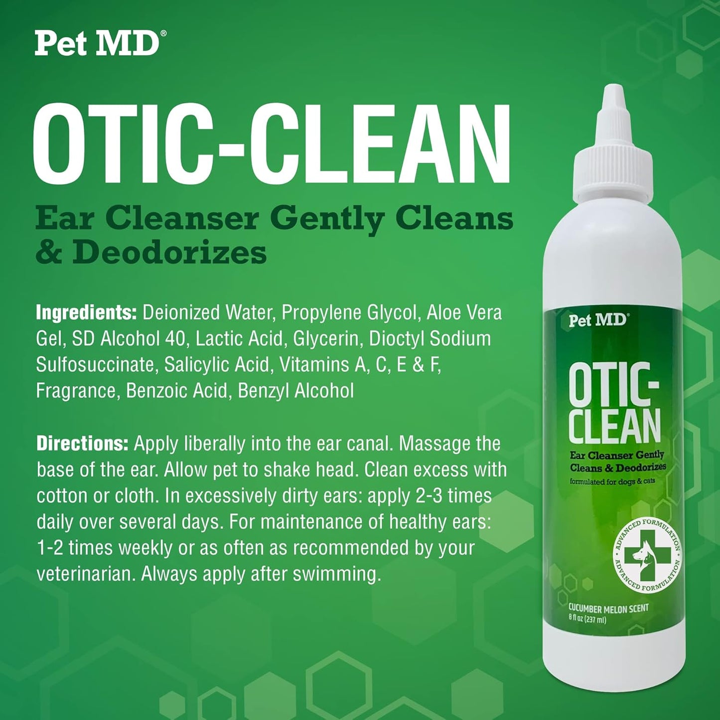 Otic Ear Solution for Dogs & Cats - Cucumber Melon Scent - 8Oz | Dog and Cat Ear Cleaner to Help Reduce Wax & Build up - Cleans and Deodorizes by Flushing Debris