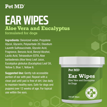 Dog Ear Cleaning Wipes – Otic Cleanser for Dogs, Soothing Ear Care with Aloe Vera & Eucalyptus, Regular Wipes, 100 Count